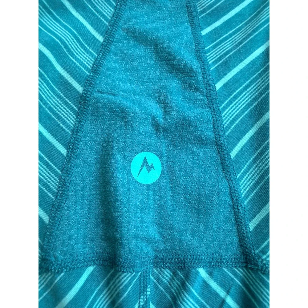 Marmot Womens Teal Striped V-Neck Activewear T-Shirt Size Large Short Sleeve‎
